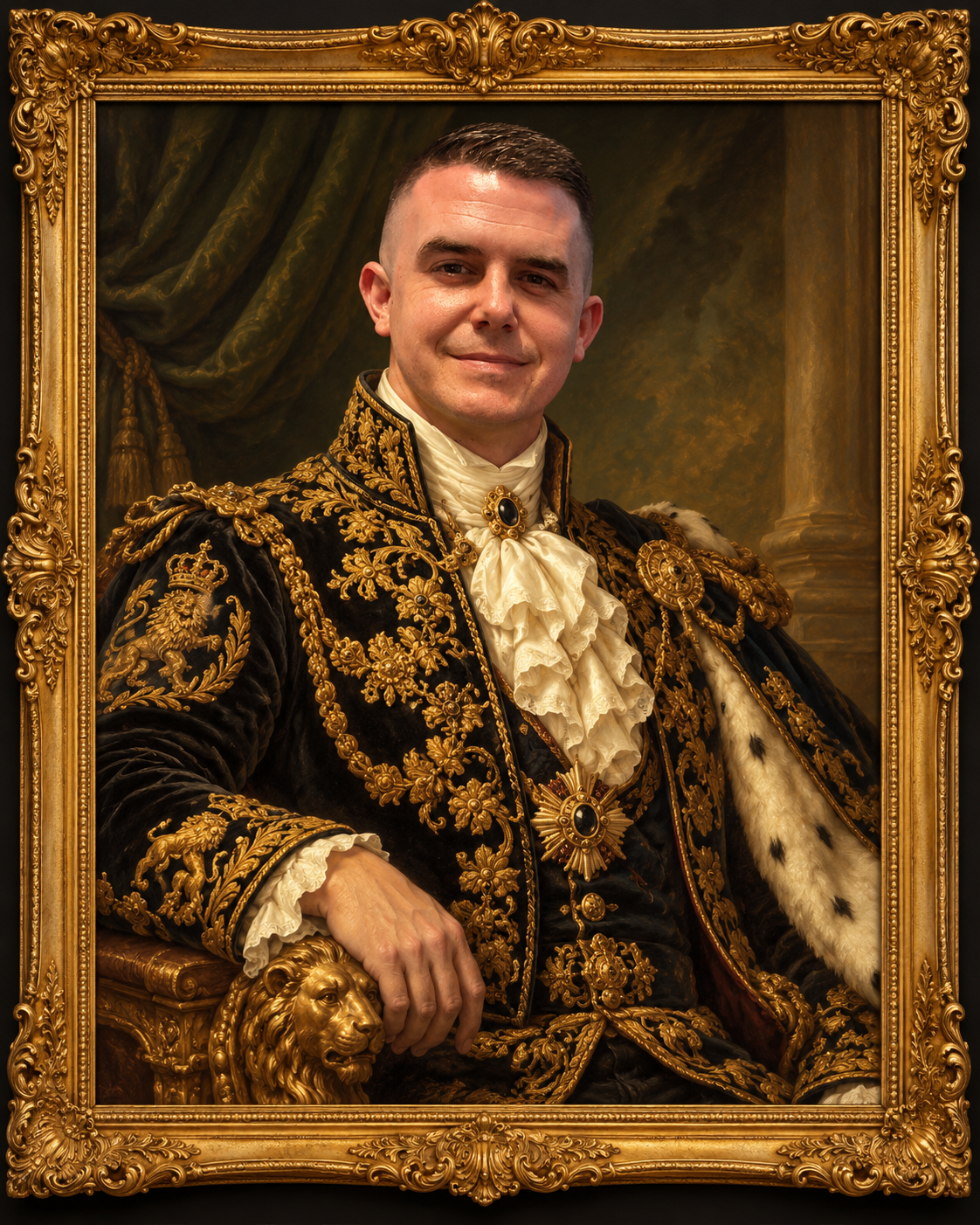 Zack in an absurdly ornate gold-framed royal portrait, wearing black velvet and gold embroidery